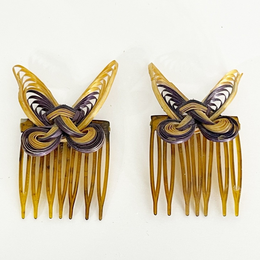 Vintage 80s Wooden Butterfly Comb Clips Set of 2 Plastic Nostalgia Casual‎ Cutie